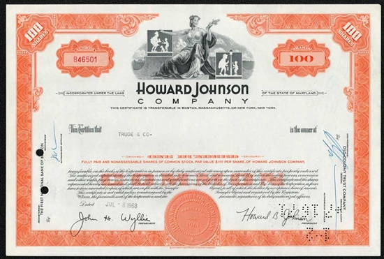 Howard Johnson Company. Stock Certificate. 1961