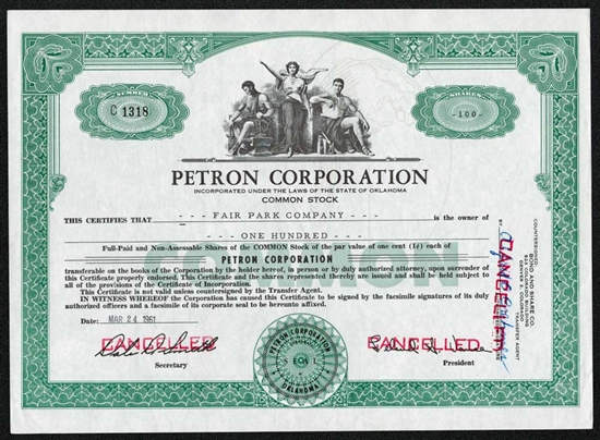 Petron Corporation Stock Certificate- 1961